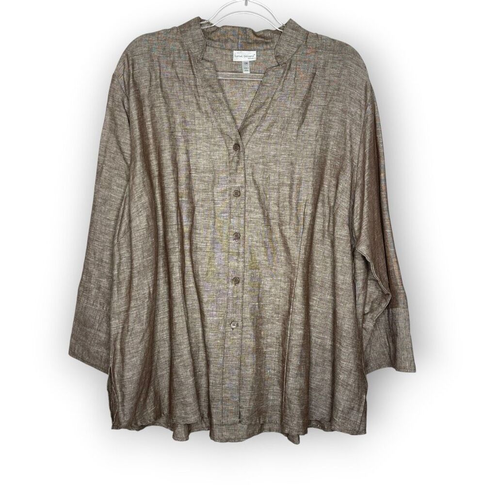 Harve Benard Button Down Shirt Linen Blend Long Sleeve Blouse Beige Women’s 2X